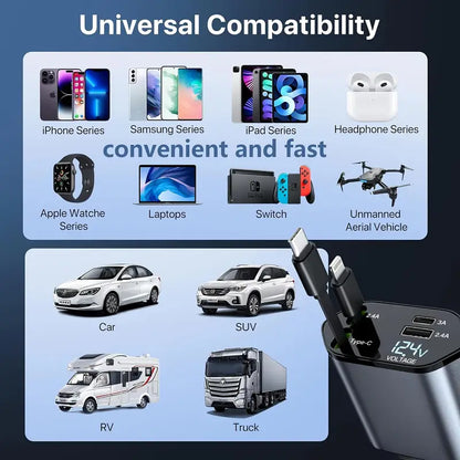 4-in-1 Fast Car Charger with Extendable 80.01cm Cable, USB & Type-C Ports